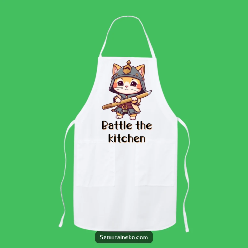Cook up a storm with this funny cat warrior apron. Ready for any kitchen battle with its tiny helmet and bamboo sword.