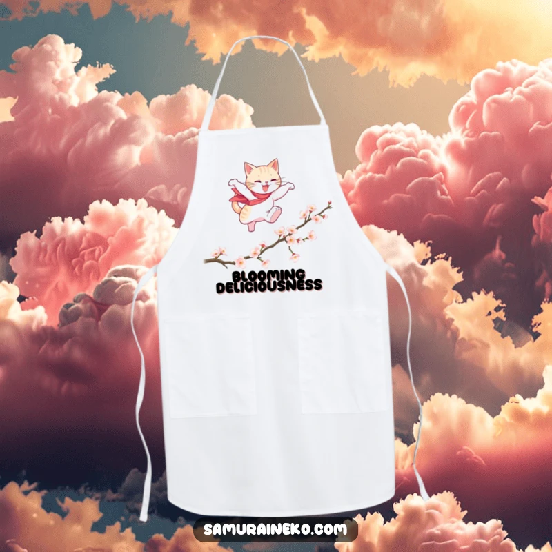 Funny apron featuring a cat hero gracefully leaping over a fallen cherry blossom branch, perfect for a stylish and funny cooking experience.