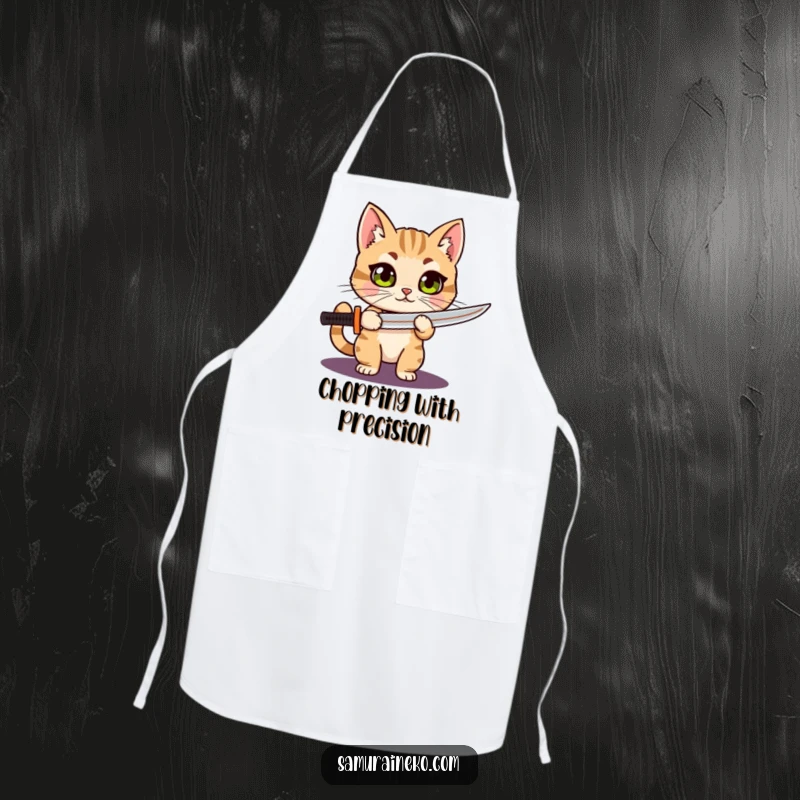 Funny Cat Katana apron design featuring a curious, wide-eyed cat proudly holding a miniature katana, ideal for kitchen protection and humorous flair.