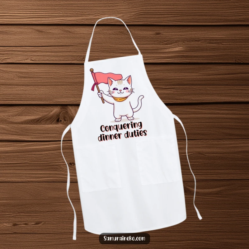 Funny apron featuring a brave cat in a heroic pose with a miniature banner, ready for kitchen duty with funny determination.