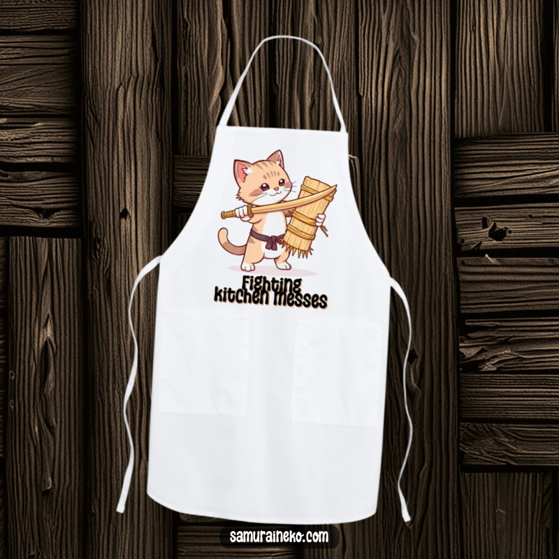 Funny apron featuring a cat as a chef, humorously sparring with a straw dummy, ready for a comical culinary challenge.