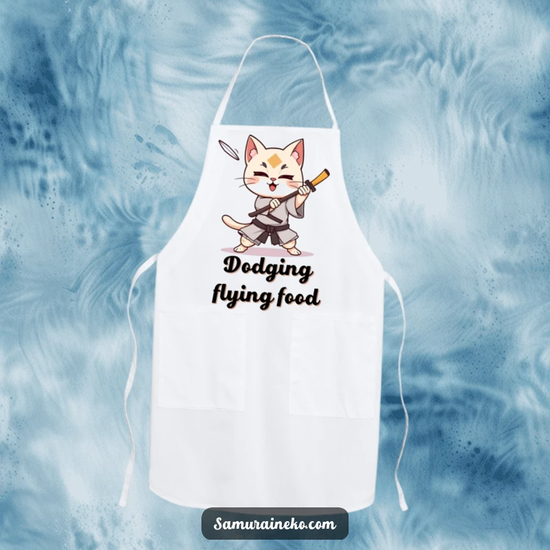 Funny cat samurai character dodging a shuriken with glee, this apron brings skill and humor to cooking.