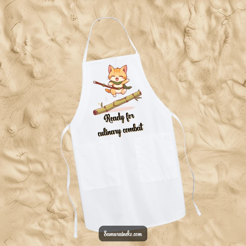Funny Cat Warrior Apron: A humorous apron showcasing a cat warrior leaping over bamboo, ideal for cooking and kitchen fun, a great gift.