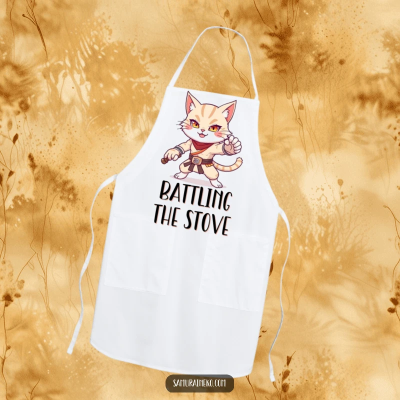 Funny apron with a cat warrior striking a powerful and adorable pose, a humorous and practical item for culinary battles.
