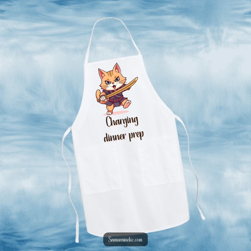 Funny determined cat warrior charging forward with a bamboo sword, this apron brings courage to cooking.