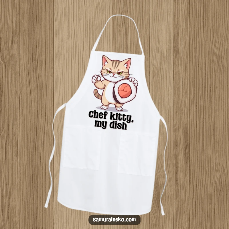 Funny apron with a fierce yet cute kitty striking a dramatic pose with a comically oversized sushi roll, ready for cooking.