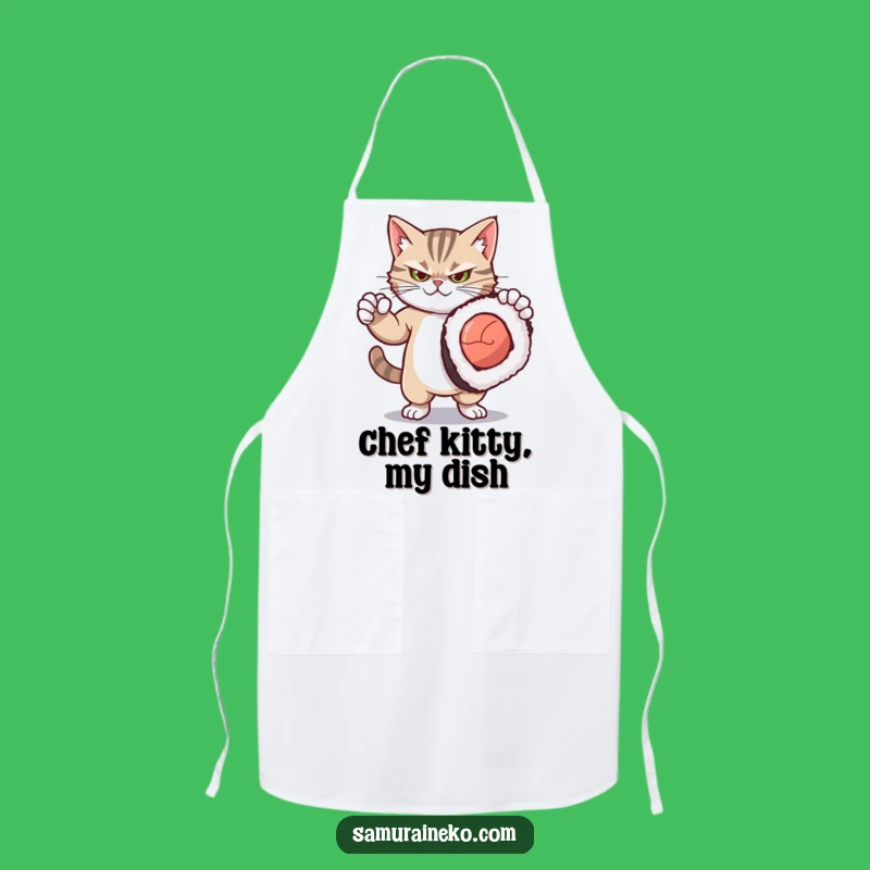 Funny Fierce Kitty Sushi Apron: Chef Cat's Dramatic Pose for Kitchen Fun