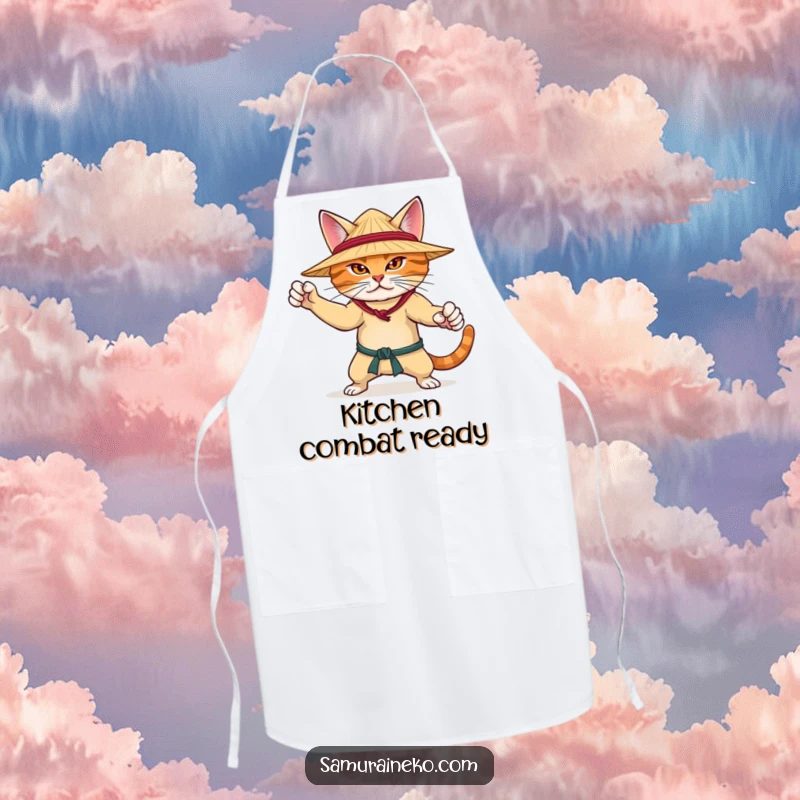 Funny apron depicting a determined cat in a martial arts pose with a straw hat, perfect for adding humor to cooking duties.