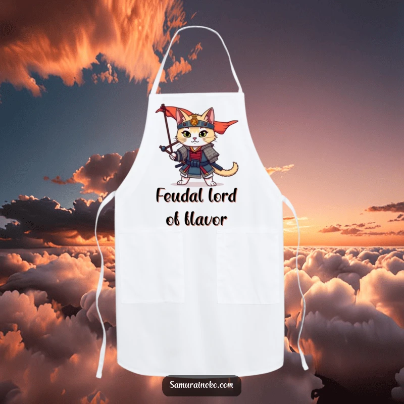 Funny Samurai Cat Apron showing a warrior cat in a dramatic pose, ready to command the kitchen with flair and humor.