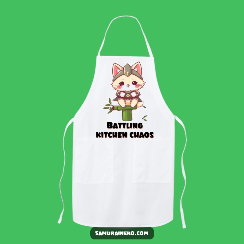 Funny Samurai Cat Apron: Fluffy Warrior on Bamboo, Kitchen Humorous Protector