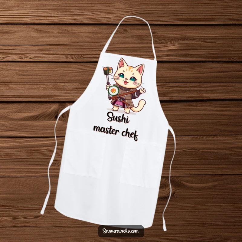 Funny Samurai Cat Apron: A protective apron featuring a cat in samurai armor holding a sushi roll, perfect for culinary battles.
