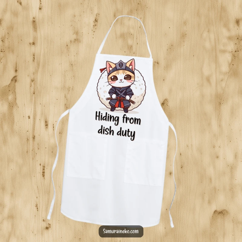 Funny mischievous cat samurai peeking from behind a giant rice ball, this apron brings playful charm to cooking.