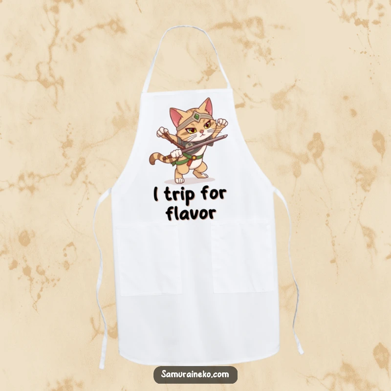 Funny apron featuring a cat warrior attempting a dramatic pose and slightly losing balance, ready for kitchen adventures with humor.