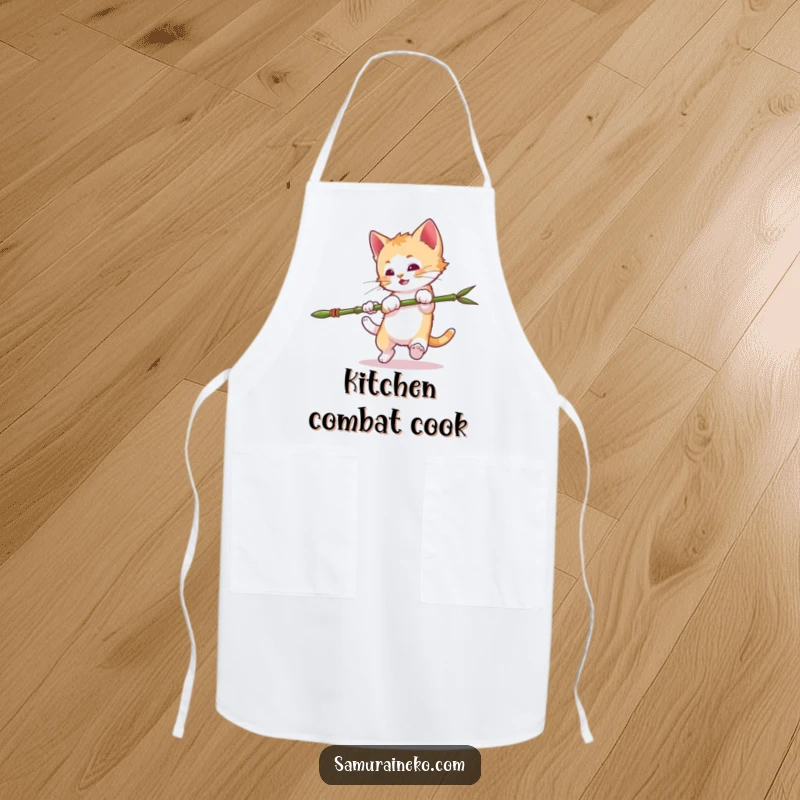 Funny Mischievous Kitten Apron: Kitten performing a somersault with a bamboo spear, adding humor to kitchen tasks. A practical funny gift.