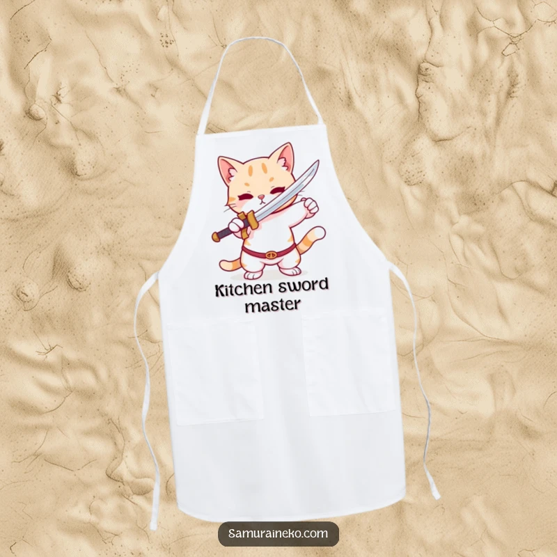 Funny Cat Apron: A functional apron featuring a cute cat in a playful pose with a tiny sword, perfect for kitchen adventures.