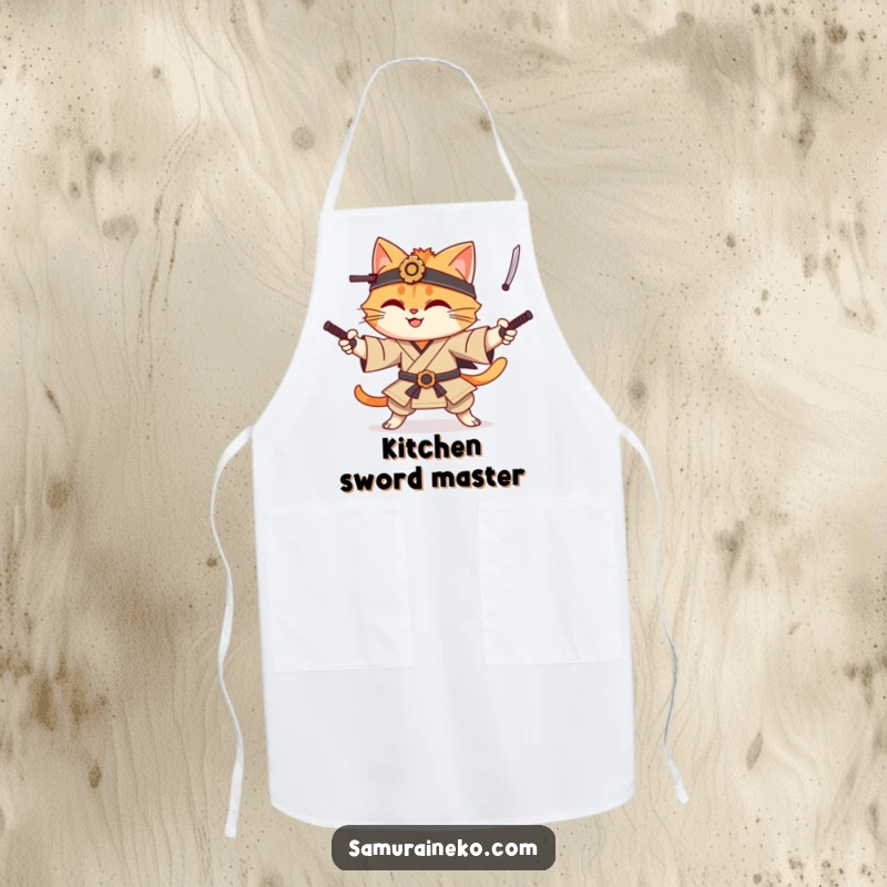 Funny cat samurai apron featuring a smiling cat warrior juggling miniature katanas, perfect for a humorous and protective kitchen experience.