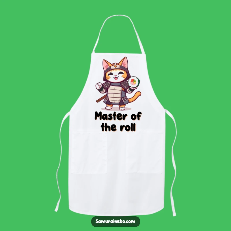 Serve up laughs and deliciousness with this funny apron! A samurai cat brandishing sushi adds a humorous touch to your cooking.