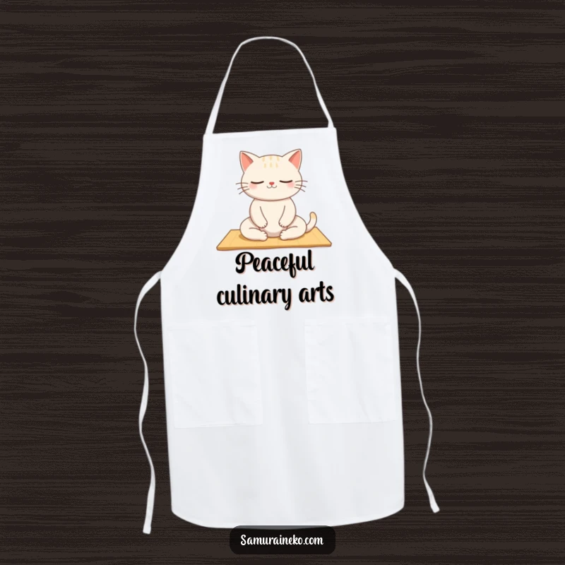 Funny Zen Cat Apron: A humorous apron showing a cat meditating peacefully, ideal for cooking and kitchen fun, a great funny gift.