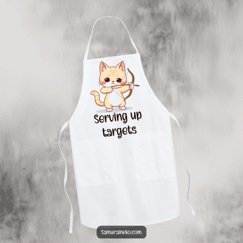 Funny Cat Archer Apron: A humorous apron showing a cat practicing archery, ideal for cooking and kitchen fun, suitable as a funny gift.