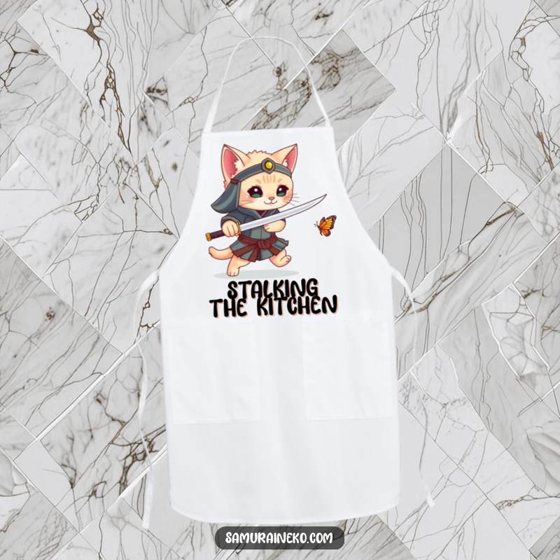 Funny apron with a kitten samurai playfully chasing a butterfly with its sword, a humorous and practical item for the kitchen.