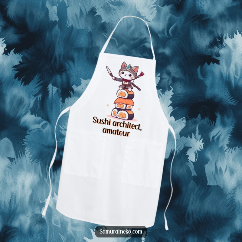 Funny small cat warrior balancing on a sushi tower, this apron brings epic humor to kitchen tasks.