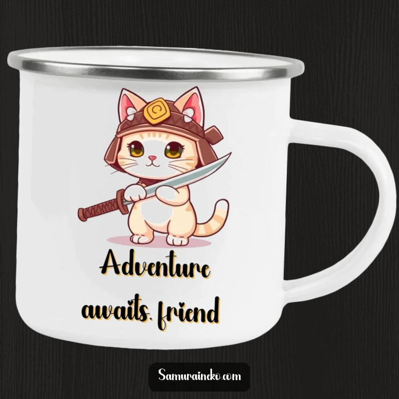 Funny cute cat in a tiny samurai helmet unsheathing a playful sword, on a durable camping mug.