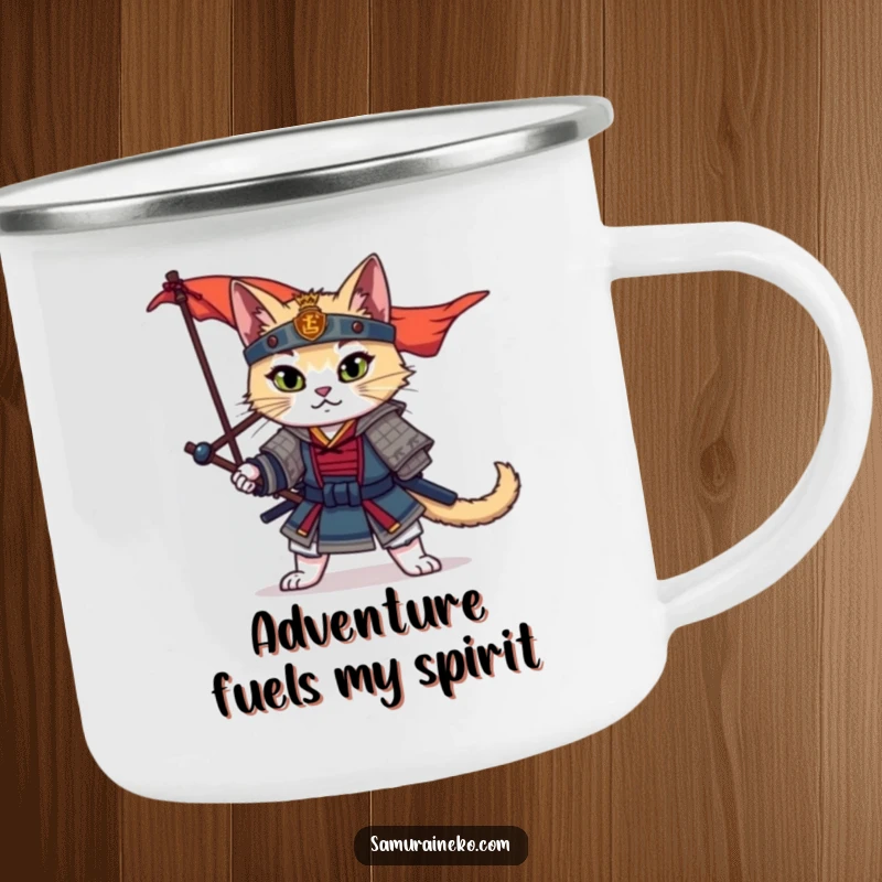 Funny Samurai Cat Camping Mug featuring a dramatic warrior cat ready for adventure, holding a banner and a steaming cup.