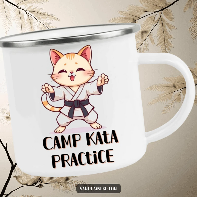 Funny Karate Cat Camping Mug: A rugged mug with a cat practicing karate poses with a wagging tail, ideal for outdoor activities.