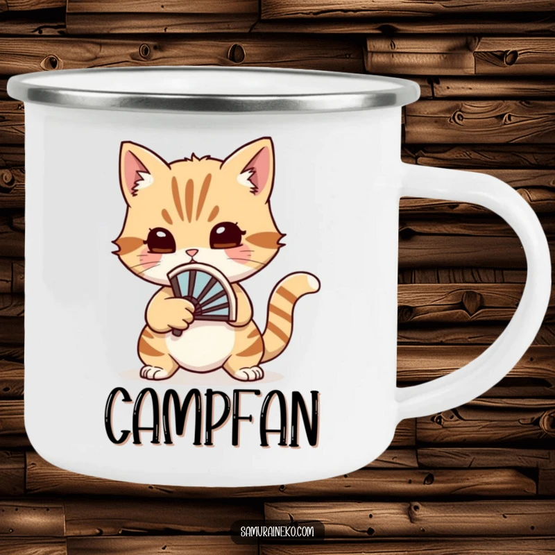 Funny cat duelist camping mug with a small battle fan, ready for a whimsical duel, perfect for outdoor humor.