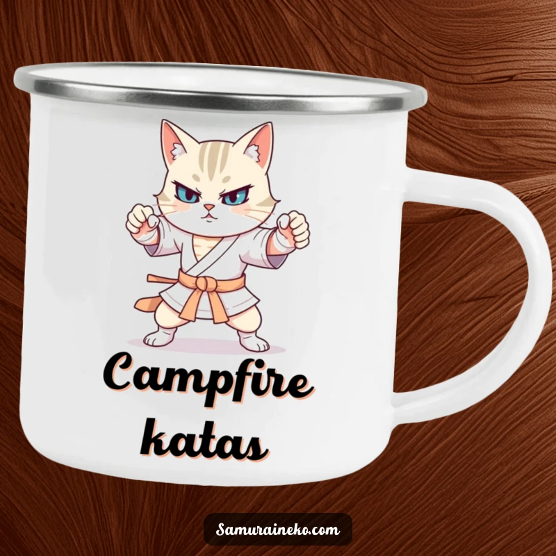 Funny cat warrior in exaggerated martial arts stances on a camping mug, perfect for humorous outdoor adventures.
