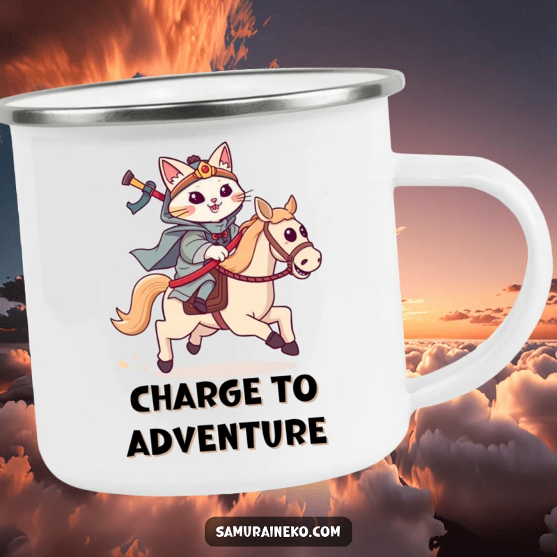 Funny cat samurai camping mug with a feline warrior riding a hobby horse, charging forward with gleeful energy.
