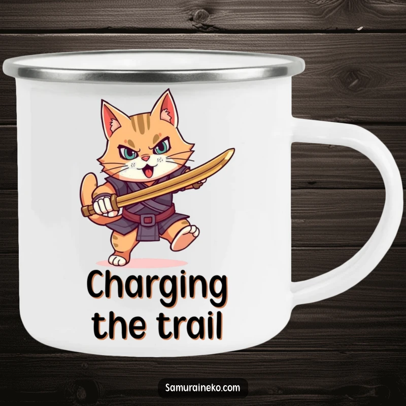 Funny determined cat warrior charging forward with a bamboo sword, this durable camping mug is ready for any mission.