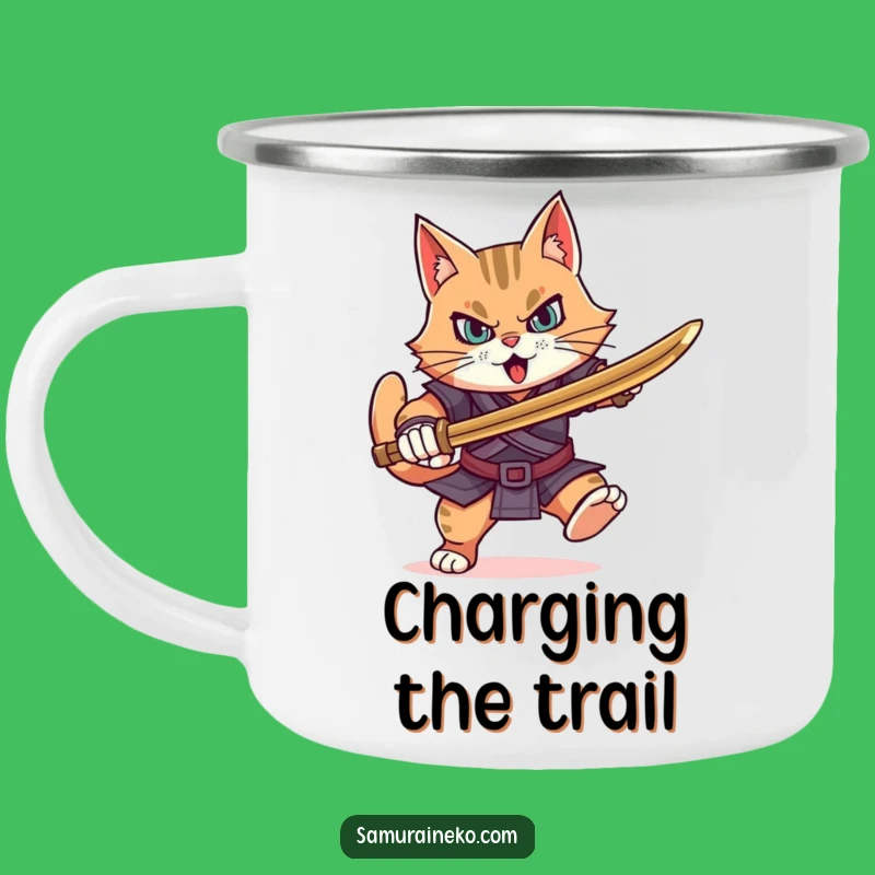 Funny Determined Cat Warrior Camping Mug: Adventure Charge, Hilarious Gift