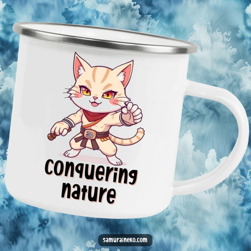 Funny camping mug with a cat warrior striking a powerful and adorable pose, a humorous and durable companion for outdoor pursuits.