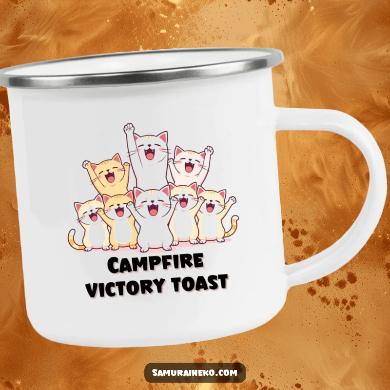 Funny camping mug with happy cats celebrating a victory, perfect for outdoor adventures.