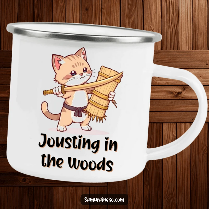Funny camping mug featuring a cat humorously sparring with a straw dummy, a durable and amusing vessel for outdoor enjoyment.