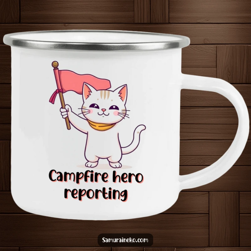 Funny camping mug with a brave cat in a heroic pose, holding a miniature banner, perfect for outdoor adventures and funny moments.