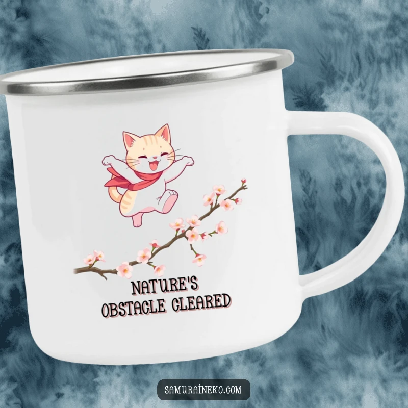 Funny camping mug featuring a cat hero gracefully leaping over a fallen cherry blossom branch, perfect for scenic and funny adventures.