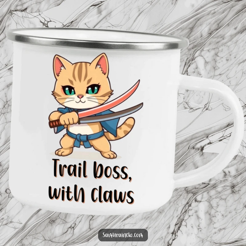 Funny Cat Katana Camping Mug: A brave feline with a tiny sword, ready for campfire stories and morning coffee.
