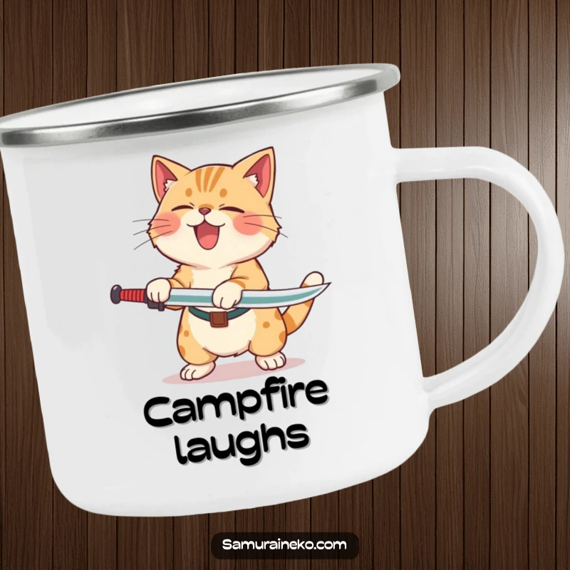 Funny Cat Laughing Sword Camping Mug showing a cat rolling with laughter after a playful sword swing, perfect for enjoying drinks outdoors.