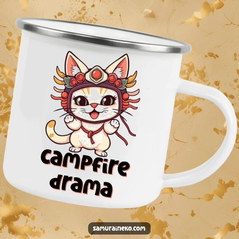 Funny Cat Mask Camping Mug showing a cat in a traditional mask striking a theatrical pose, perfect for enjoying drinks outdoors.