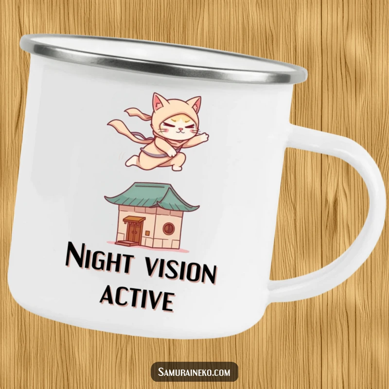 Funny camping mug with a cat ninja gracefully leaping onto a stylized rooftop, a humorous and durable companion for outdoor stealth.