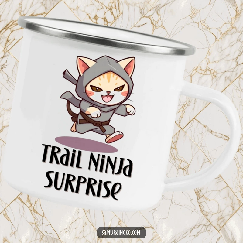 Funny Cat Ninja Camping Mug showing a cat ninja leaping from shadows with a mischievous grin, perfect for enjoying drinks outdoors.