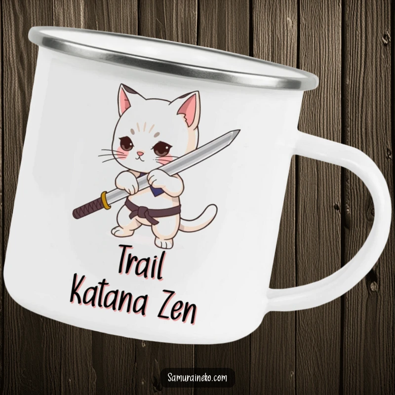 Funny cat character dramatically sheathing a tiny katana with pride on an enamel camping mug, ready for adventure.