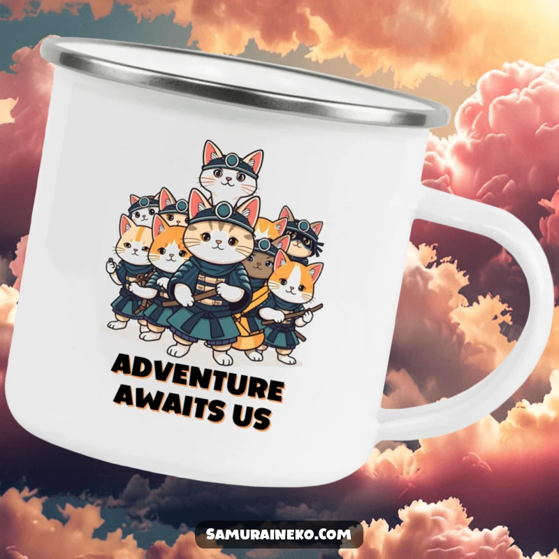 Funny cat samurai camping mug with a group of cats in assorted samurai poses, ready for outdoor fun.