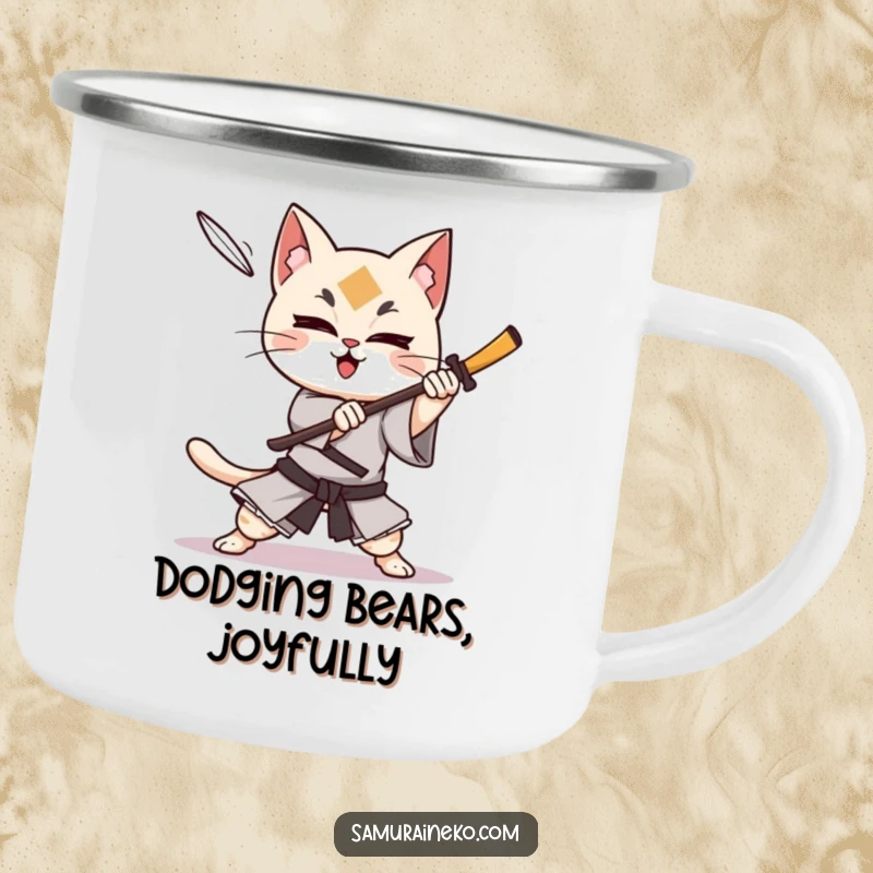 Funny cat samurai character dodging a shuriken with glee, this durable camping mug is ready for any mission.