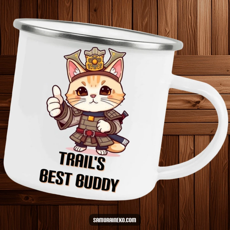 Funny cat samurai camping mug with a feline warrior in elaborate armor giving a friendly, enthusiastic thumbs-up.