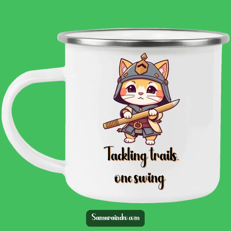 Funny Cat Warrior Enamel Mug - Tiny Helmet Bamboo Sword Camp Gear