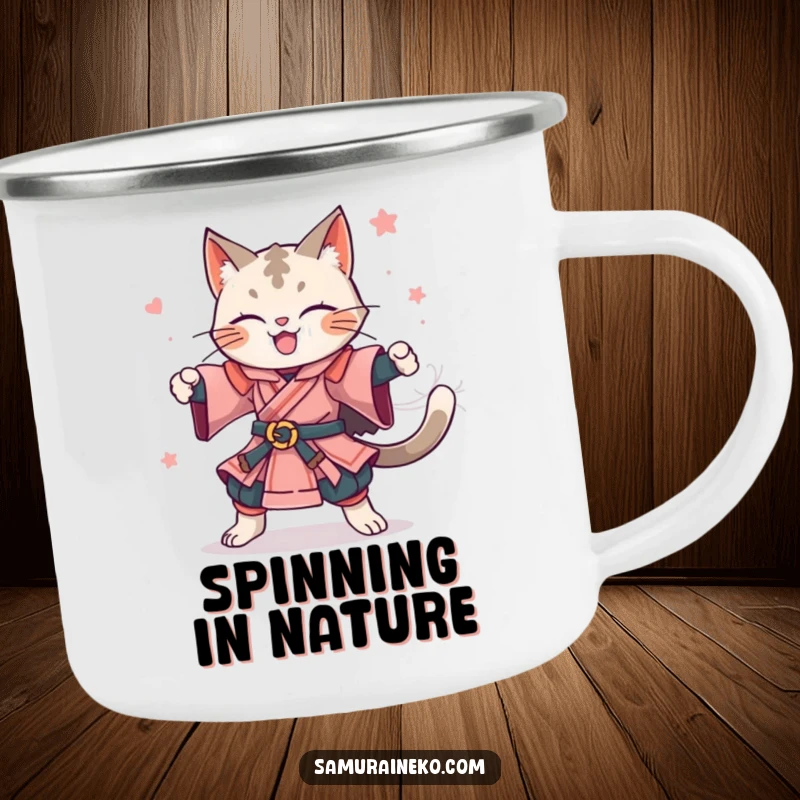 Funny camping mug with a joyful feline samurai in mid-celebratory spin. An ideal funny gift.