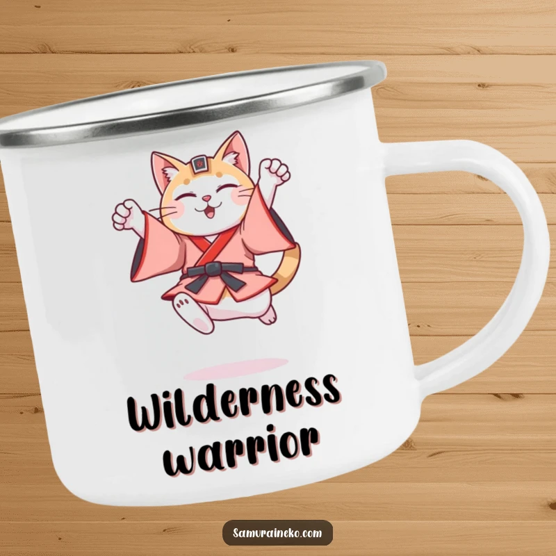 Funny cat in feudal Japanese warrior attire leaping triumphantly, a heroic companion on this durable camping mug.